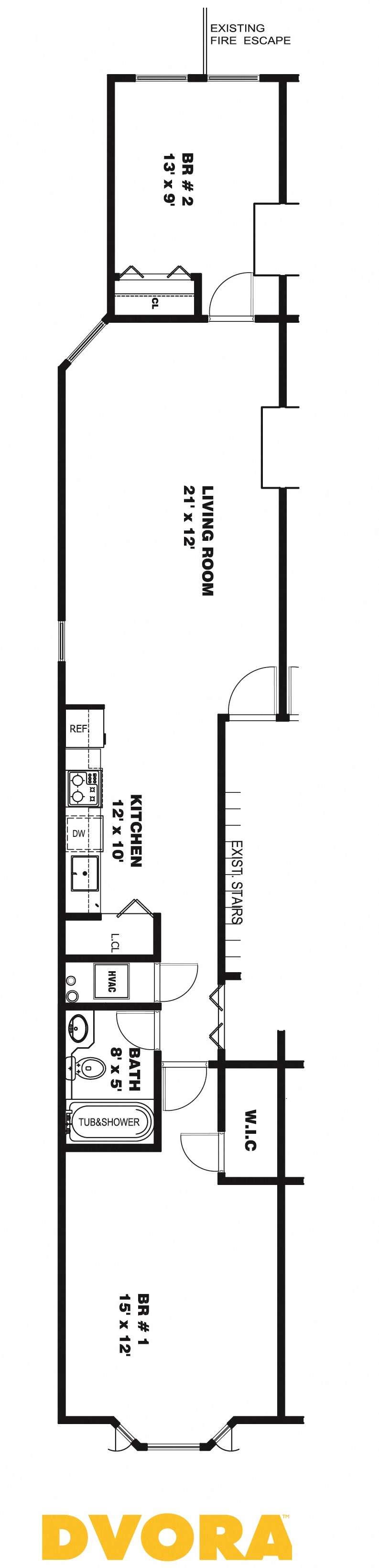 Floor plan for 2 beds, 1 bath, 810 sqft